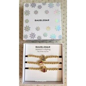 NEW in Gift Box BAUBLEBAR 3 Pc Gold Beaded Christmas Bracelets~Santa~Tree~Gift